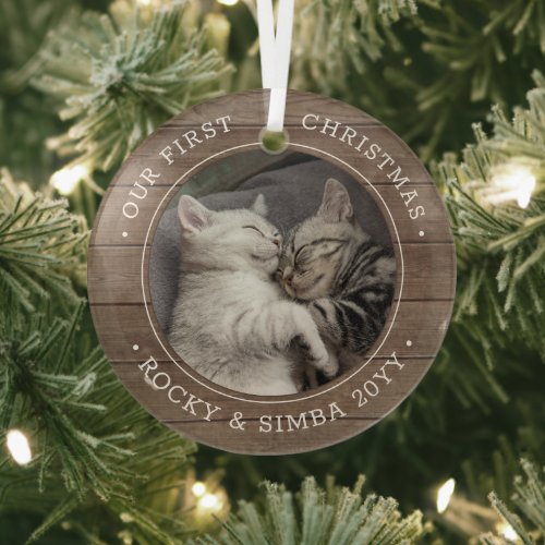 Our 1st Christmas 2 Pets Photo Rustic Faux Wood Glass Ornament
