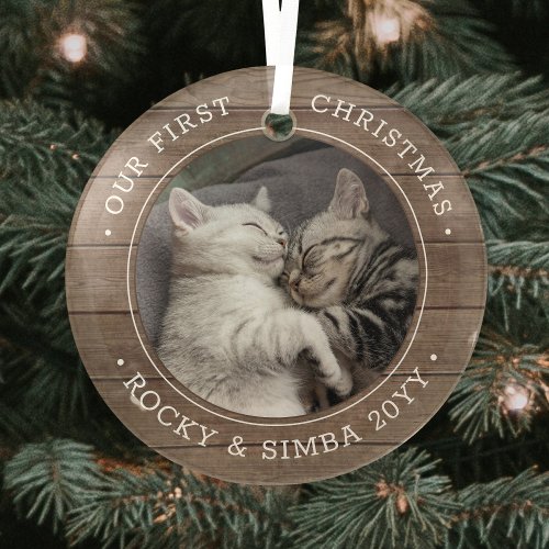 Our 1st Christmas 2 Pets Photo Rustic Faux Wood Glass Ornament