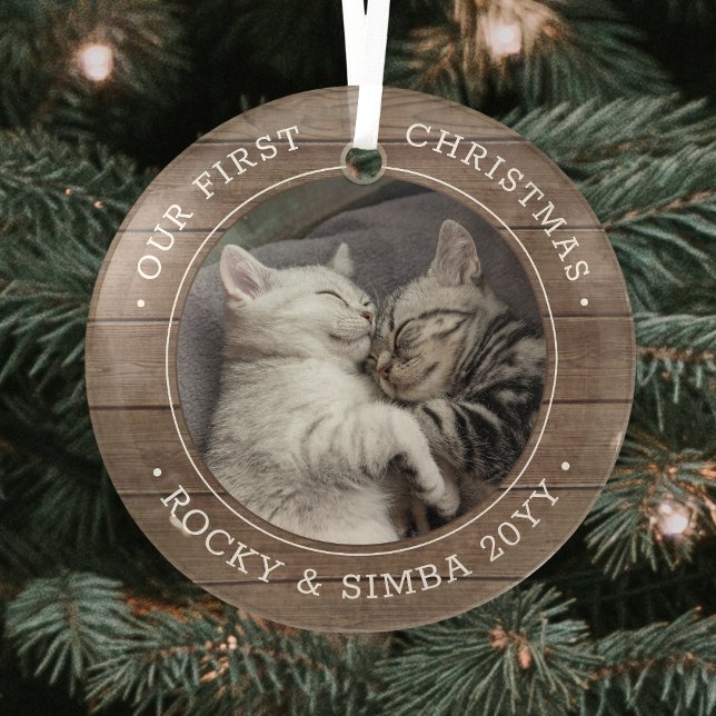 Our 1st Christmas 2 Pets Photo Rustic Faux Wood Glass Ornament (Creator Uploaded)