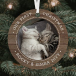 Our 1st Christmas 2 Pets Photo Rustic Faux Wood Metal Ornament<br><div class="desc">Celebrate the simple joys of your newest furry family members with a custom 2 photo faux wood round metal ornament. Kitten pictures and all text on this template are simple to personalize and can be different or the same on front and back. If preferred, change "Our First Christmas" to any...</div>
