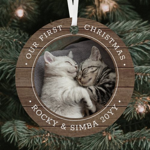 Our 1st Christmas 2 Pets Photo Rustic Faux Wood Metal Ornament