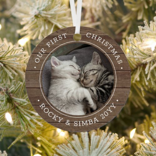 Our 1st Christmas 2 Pets Photo Rustic Faux Wood Metal Ornament