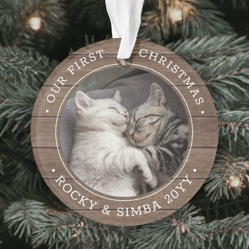 Our 1st Christmas 2 Pets Photo Rustic Faux Wood Ornament