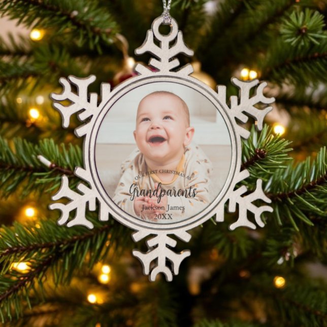 Our 1st Christmas as Grandparents Baby Photo Snowflake Pewter Christmas Ornament (Creator Uploaded)