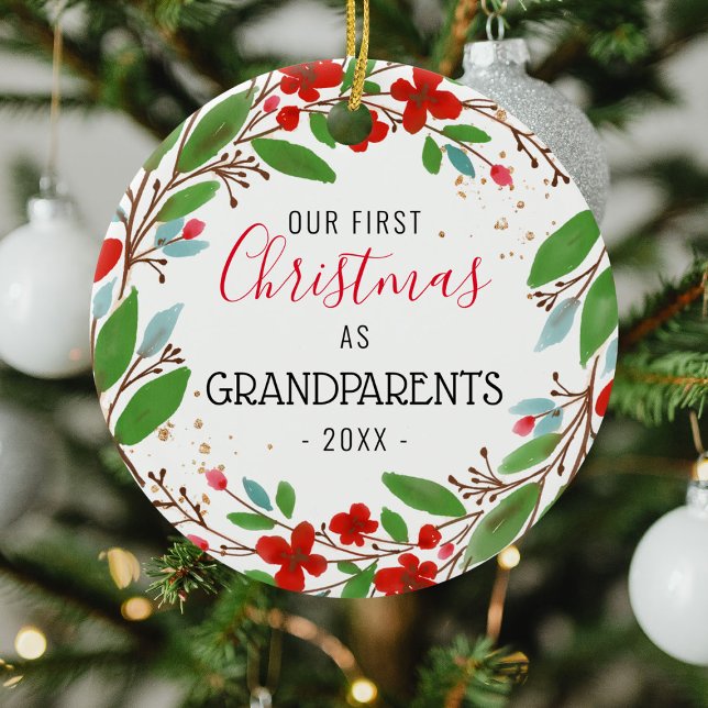 Our 1st Christmas as Grandparents | Wreath Photo Ceramic Ornament (Creator Uploaded)