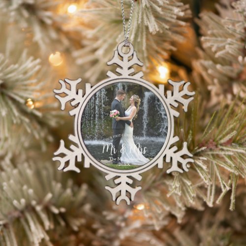 Our 1st Christmas as Mr and Mrs Wedding Photo Snowflake Pewter Christmas Ornament