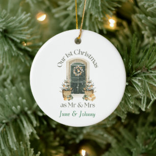 Our 1st Christmas as Mr & Mrs Green Wintery Door Ceramic Ornament