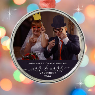 Our 1st Christmas as Mr & Mrs Last Name Navy Blue Metal Ornament