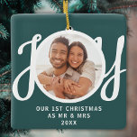 Our 1st Christmas As Mr & Mrs Photo Green Keepsake Ceramic Ornament<br><div class="desc">This keepsake First Christmas As Mr & Mrs photo ornament is decorated with the word JOY in stylish script typography on a green background. Easily customizable.</div>