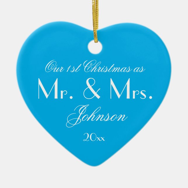Our 1st Christmas As Mr & Mrs Script Elegant Blue  Ceramic Ornament (Front)
