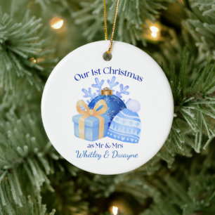 Our 1st Christmas Blue Present Snowflake Ceramic Ornament