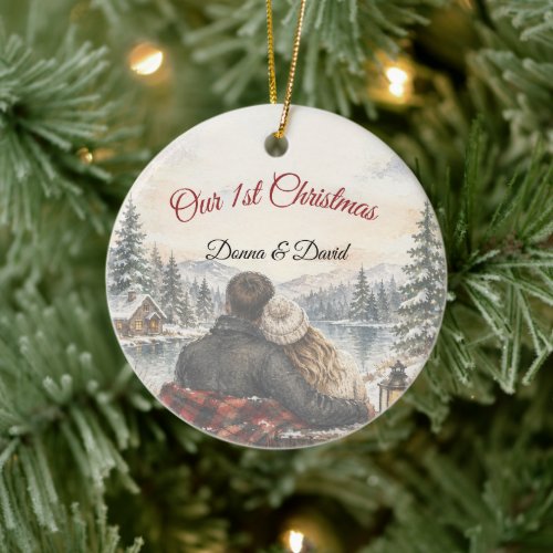 Our 1st Christmas Couple Cabin Lake Scene Ceramic Ornament
