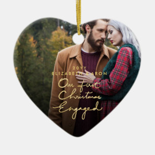 Our 1st Christmas Engaged Gold Photo Heart shaped Ceramic Ornament