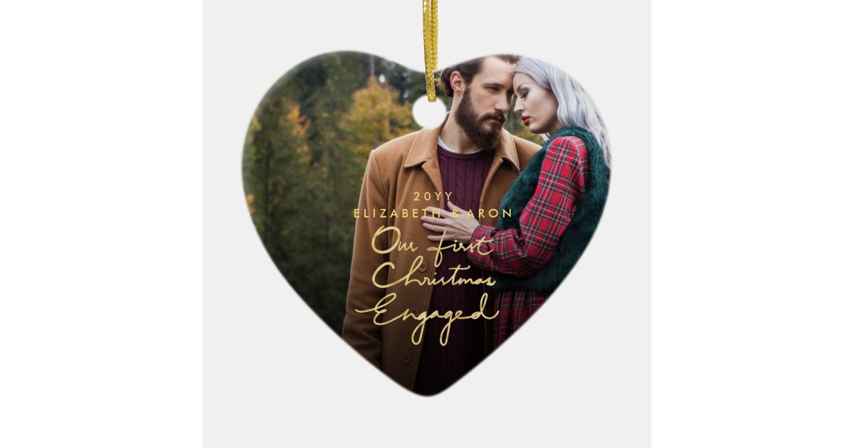 Our 1st Christmas Engaged Gold Photo Heart shaped Ceramic Ornament | Zazzle
