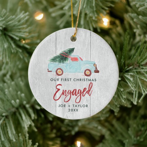 Our 1st Christmas Engaged Personalized Farm Truck Ceramic Ornament