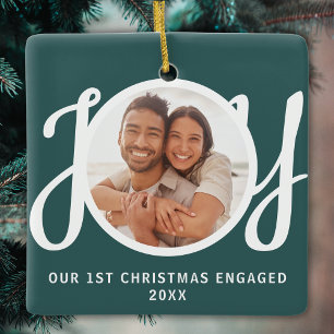 Our 1st Christmas Engaged Photo Green Keepsake Ceramic Ornament