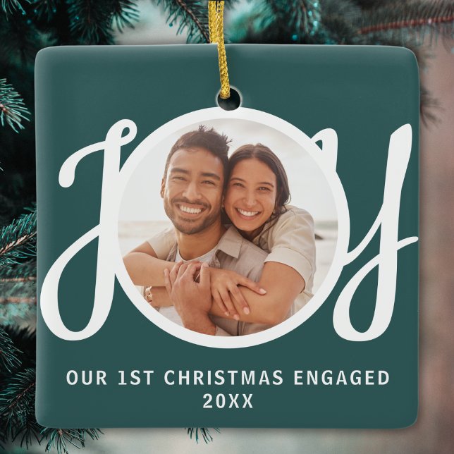 Our 1st Christmas Engaged Photo Green Keepsake Ceramic Ornament (Creator Uploaded)