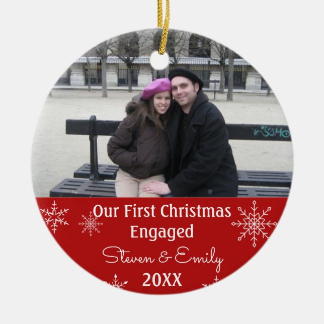 Our 1st Christmas Engaged Snowflake Photo Ornament (Front)