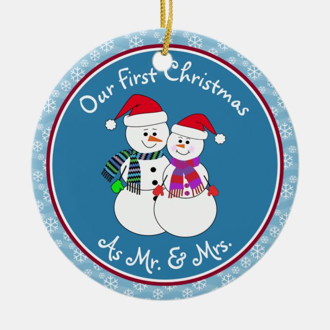 Our 1st Christmas Married Gift Fun Snow Couple Ceramic Ornament (Front)