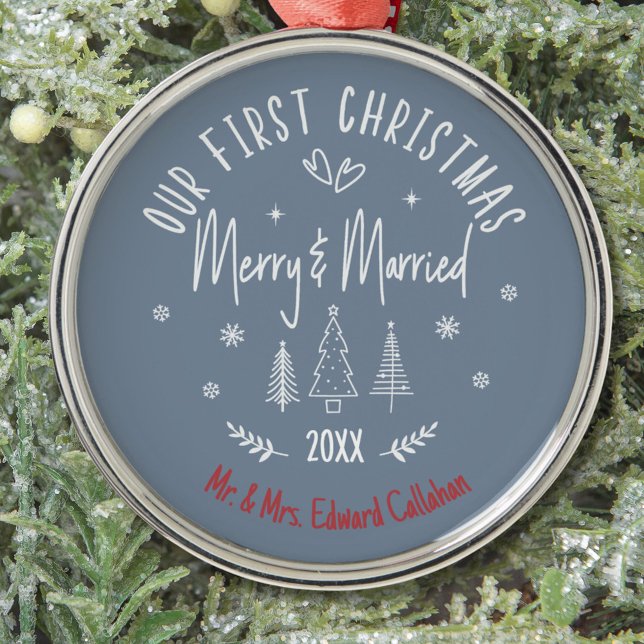 "Our 1st Christmas Married" White Quote Name Metal Ornament (Creator Uploaded)