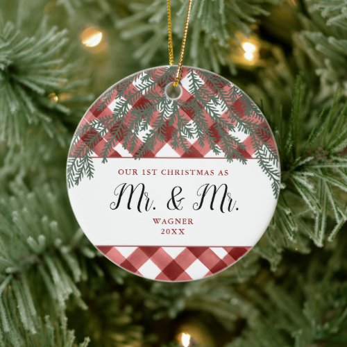 Our 1st Christmas Mr  Mr Personalized Checkered Ceramic Ornament