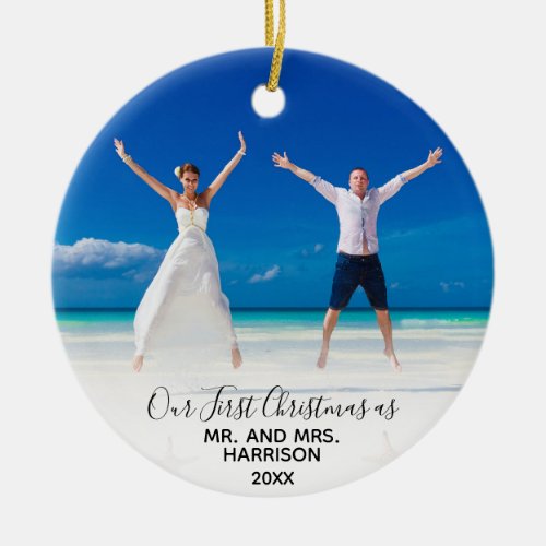 Our 1st Christmas Mr Mrs 2 Photo Elegant Beach Ceramic Ornament