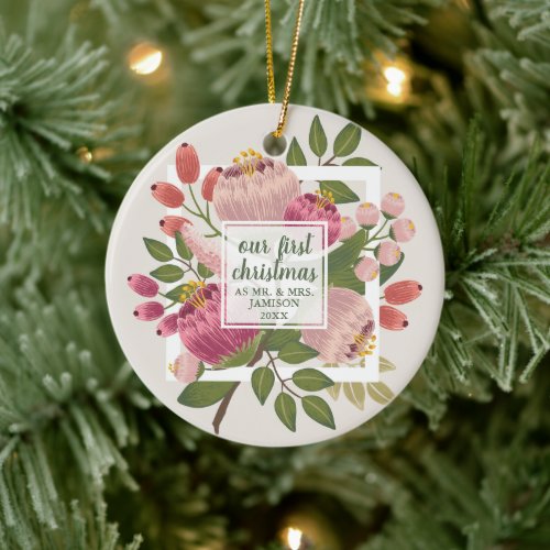 Our 1st Christmas Mr Mrs Personalized Boho Florals Ceramic Ornament