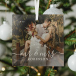 Our 1st Christmas' Newlyweds Photo Keepsake Glass Ornament<br><div class="desc">Welcome to the first holiday season as Mr. and Mrs.! Commemorate this special milestone with our elegant "Our 1st Christmas" custom photo keepsake Christmas ornament. Featuring stylish calligraphy and crisp white text, this beautifully designed ornament will add a touch of sophistication to your tree. So gather your favorite photo from...</div>