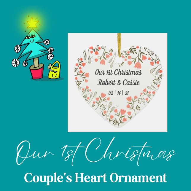 Our 1st Christmas Personalized Wedding Ceramic Ornament (Personalized Couple's Heart Ornament)