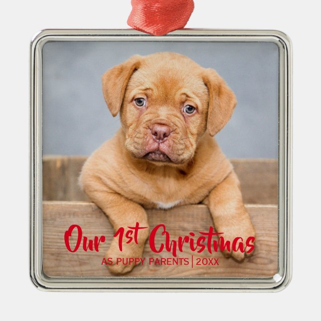 Our 1st Christmas Puppy Parents| Dog Photo| Red Metal Ornament (Front)