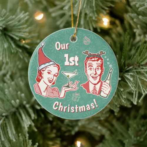 Our 1st Christmas Retro Midcentury Husband Wife Ceramic Ornament