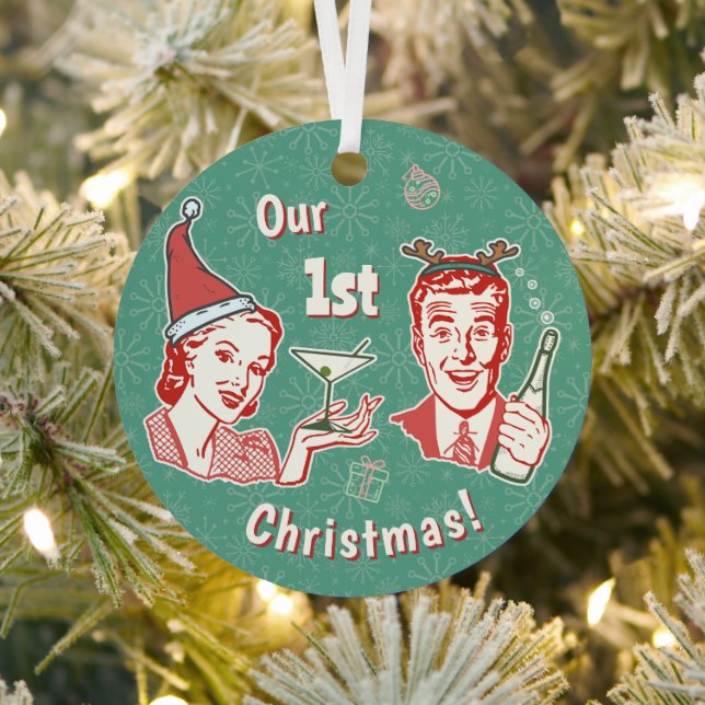 Our 1st Christmas Retro Midcentury Husband Wife Metal Ornament (Insitu)