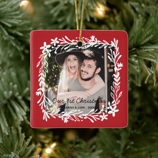 Our 1st christmas rustic country farmhouse photo ceramic ornament (Tree)