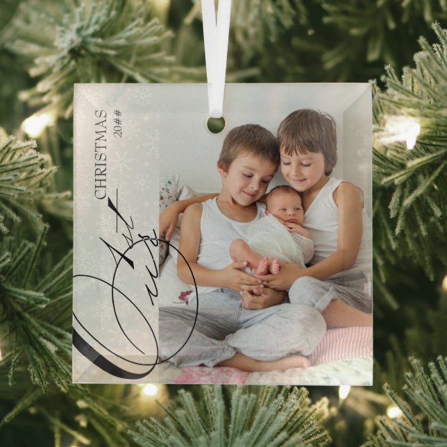 Our 1st Christmas Script Vertical Photo Snowflake Glass Ornament (Insitu)