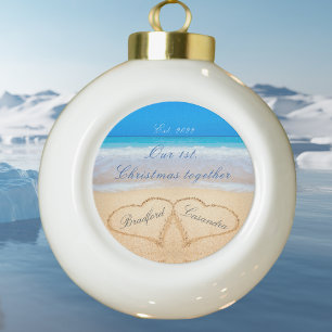 Our 1st Christmas Together. Couples Names in Heart Ceramic Ball Christmas Ornament