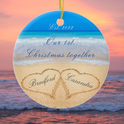 Our 1st Christmas Together Couples Names in Heart Ceramic Ornament