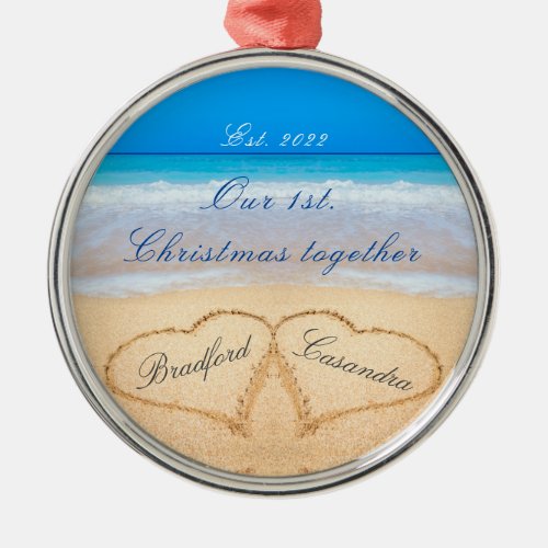 Our 1st Christmas Together Couples Names in Heart Metal Ornament