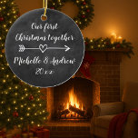 Our 1st Christmas together custom tree ornament<br><div class="desc">Our 1st Christmas together personalized tree ornament. Custom decorations with heart arrow and brush script handlettering typography. Black chalkboard background with elegant white calligraphy handwriting template. Pretty first Christmas party gift idea for engaged couple, newlyweds, bride and groom, boyfriend and girlfriend, husband and wife. Trendy decor personalizable with name or...</div>