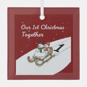Our 1st Christmas Together Cute Snowman Couple Glass Ornament