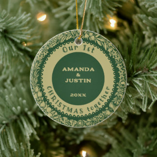 Our 1st Christmas together Gold Wreath on green - Ceramic Ornament