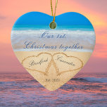 Our 1st Christmas Together | Hearts in Sand Ceramic Ornament<br><div class="desc">Our 1st Christmas Together. Couples Names in Hearts in Sand</div>