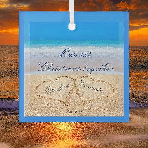 Our 1st Christmas Together  Hearts in Sand  Glass Ornament
