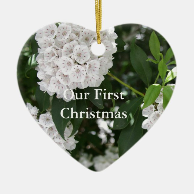 Our 1st Christmas White Mountain Laurel Flowers Ceramic Ornament (Front)