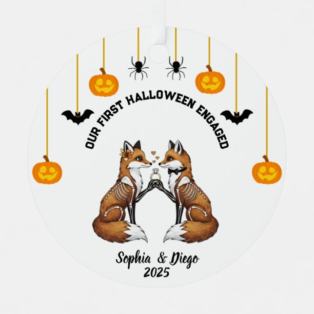 Our 1st Halloween Engaged Fox Skeleton Proposal  Metal Ornament (Front)