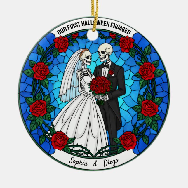 Our 1st Halloween Engaged Stained Glass Wreath Ceramic Ornament (Front)