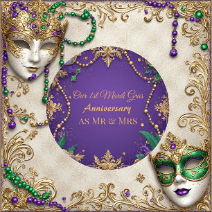Our 1st Mardi Gras Anniversary Mr and Mrs Festive Classic Round Sticker