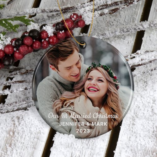 Our 1st Married Modern Wedding Photo Ceramic Ornament
