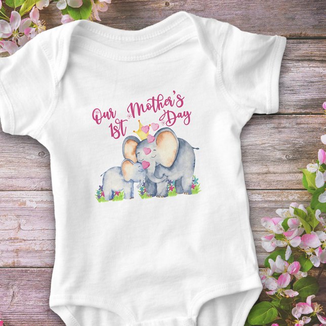 Our 1st Mothers Day Cute Mom and Baby Elephant Baby Bodysuit (First Mother's Day baby girl bodysuit with cute mommy and baby elephants)