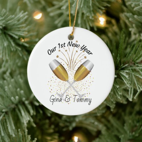 Our 1st New Year Champagne Glasses Confetti Ceramic Ornament