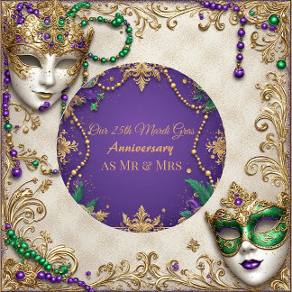 Our 25th Mardi Gras Anniversary Mr and Mrs Festive Classic Round Sticker